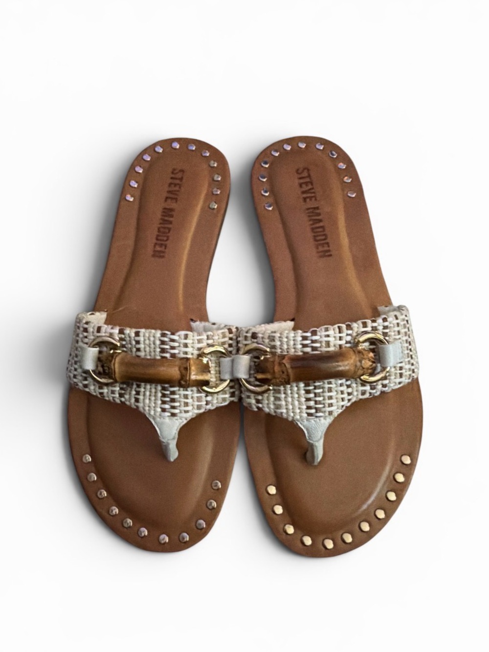 Steve Madden White Woven & Tan Leather Thong Sandals with Gold Accent